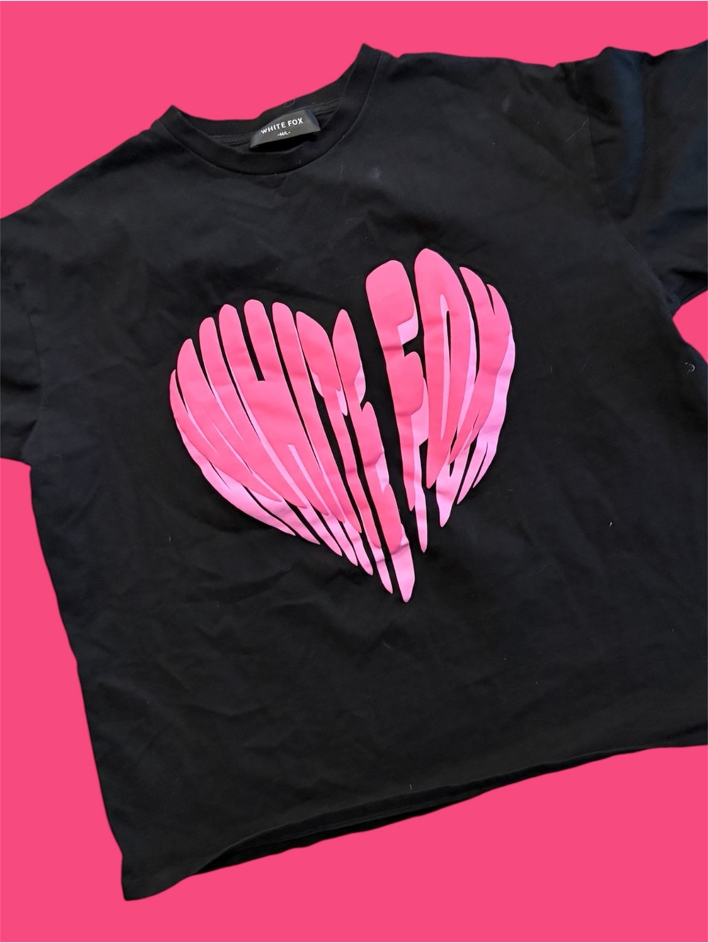 White Fox Boutique Black Tee with Pink Heart Graphic